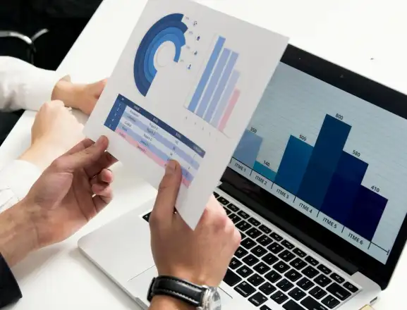 Person looking through business report statistics